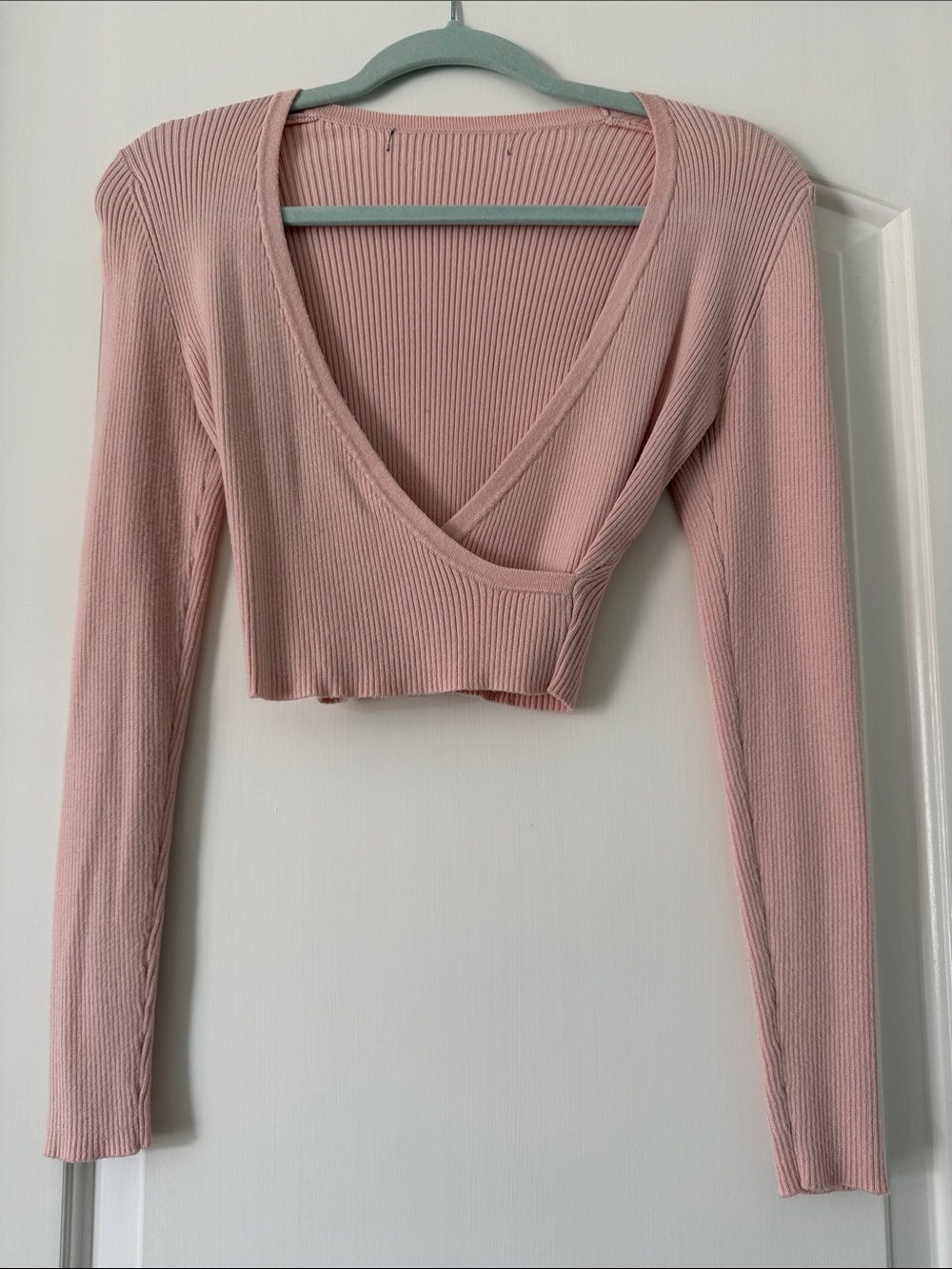 Ribbed Cropped Long Sleeve Top - Dusty Pink